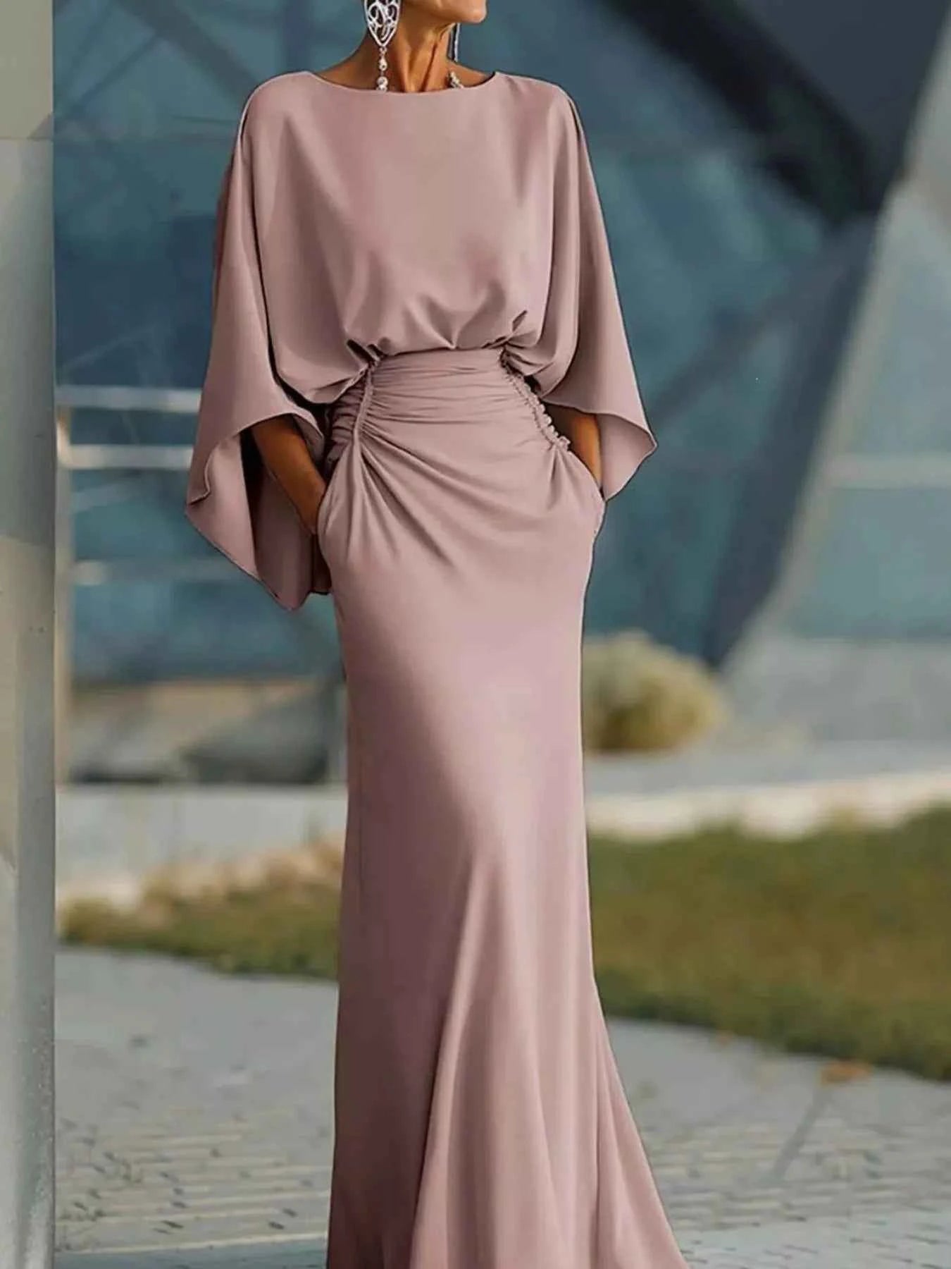 Batwing Sleeve Ruched Maxi Dress - Elegant Gown