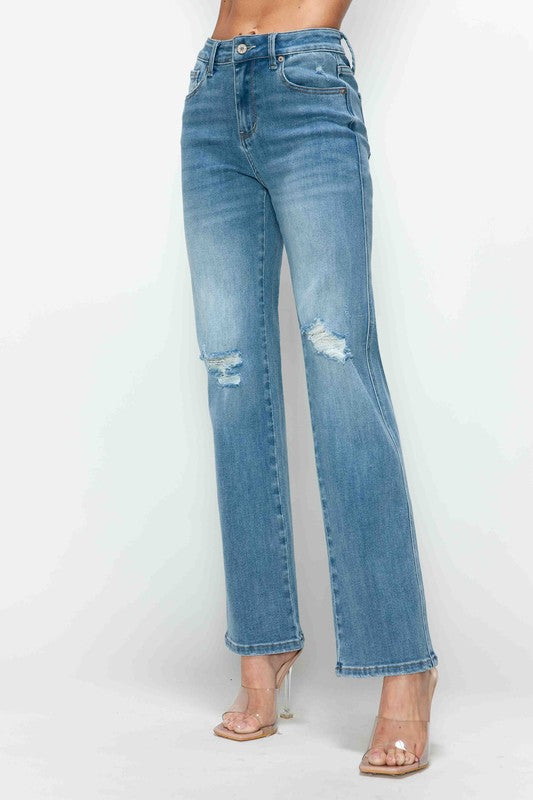 Full Size Medium Blue Distressed High Rise Straight Jeans