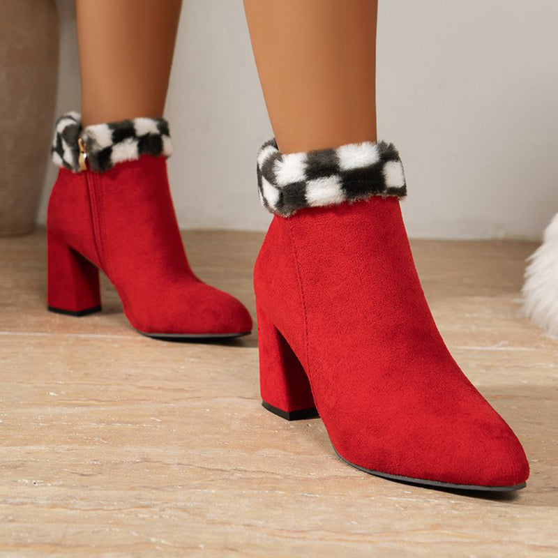 Plaid Ankle Boots - Furry Lined Square Heel Winter Boots