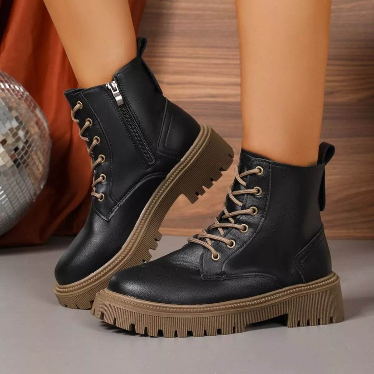 Lace Up Round Toe Boots - Mid Heel Ankle Boots - Fashions Envy