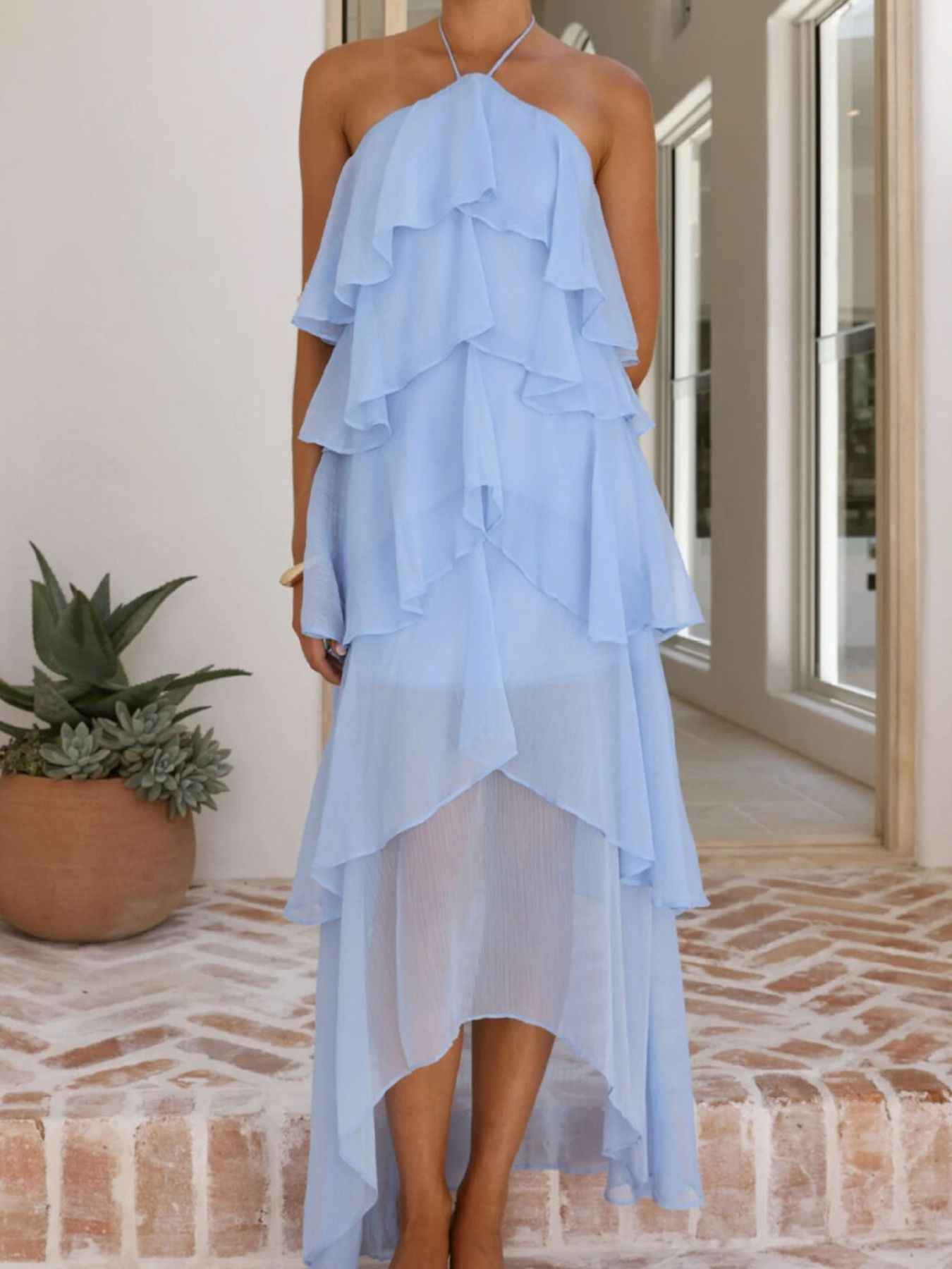 Tiered Ruffle Halter Midi Dress - Layered Flowy Style
