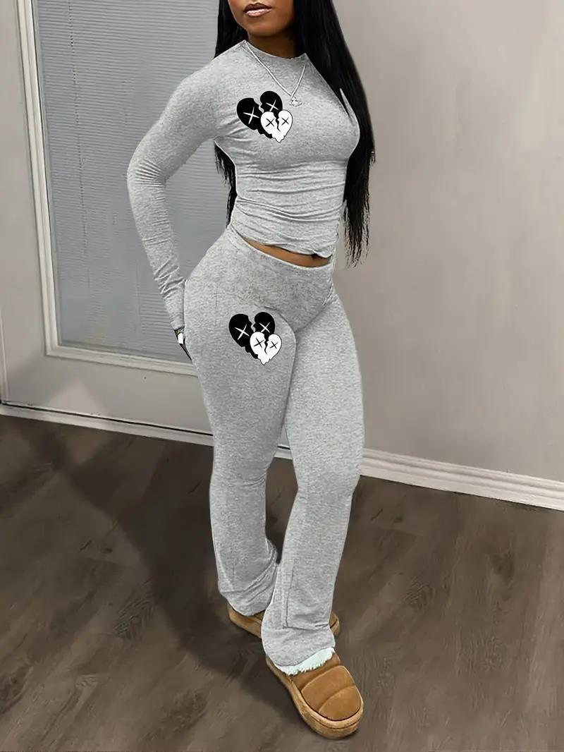 Heart Graphic Two-Piece Set - Matching Crop Top & Pants