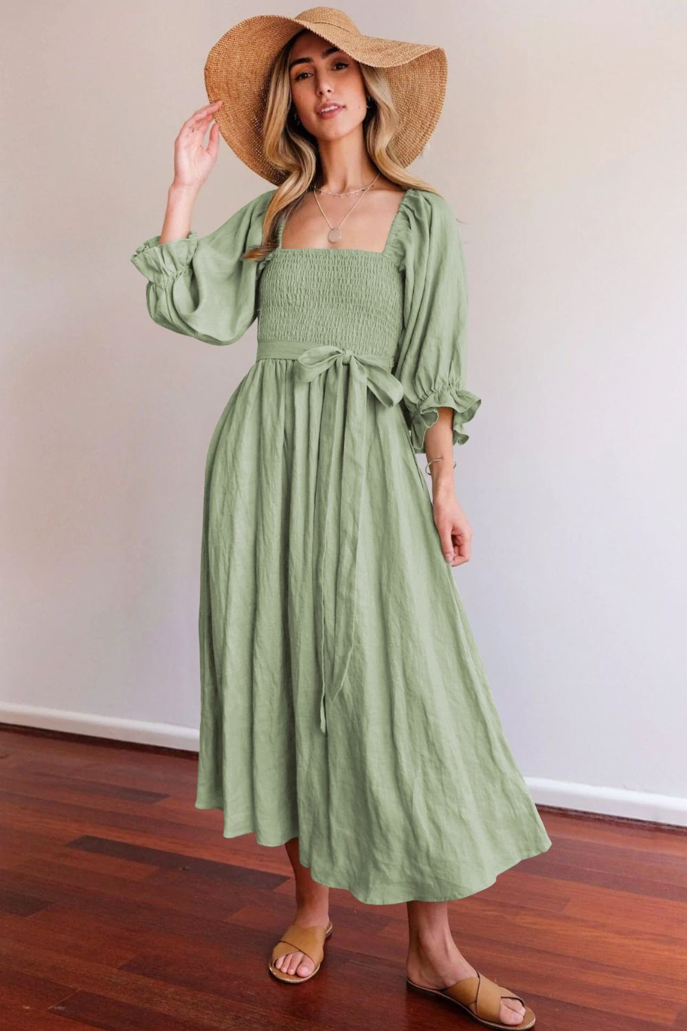 Smocked Square Neck Flounce Sleeve Midi Dress