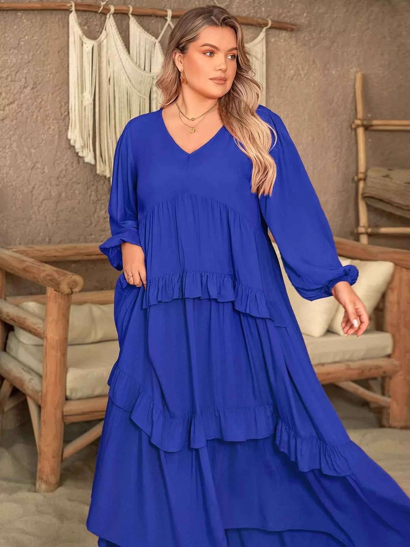 Plus Size Balloon Sleeve Ruffle Tiered Flowy Dress