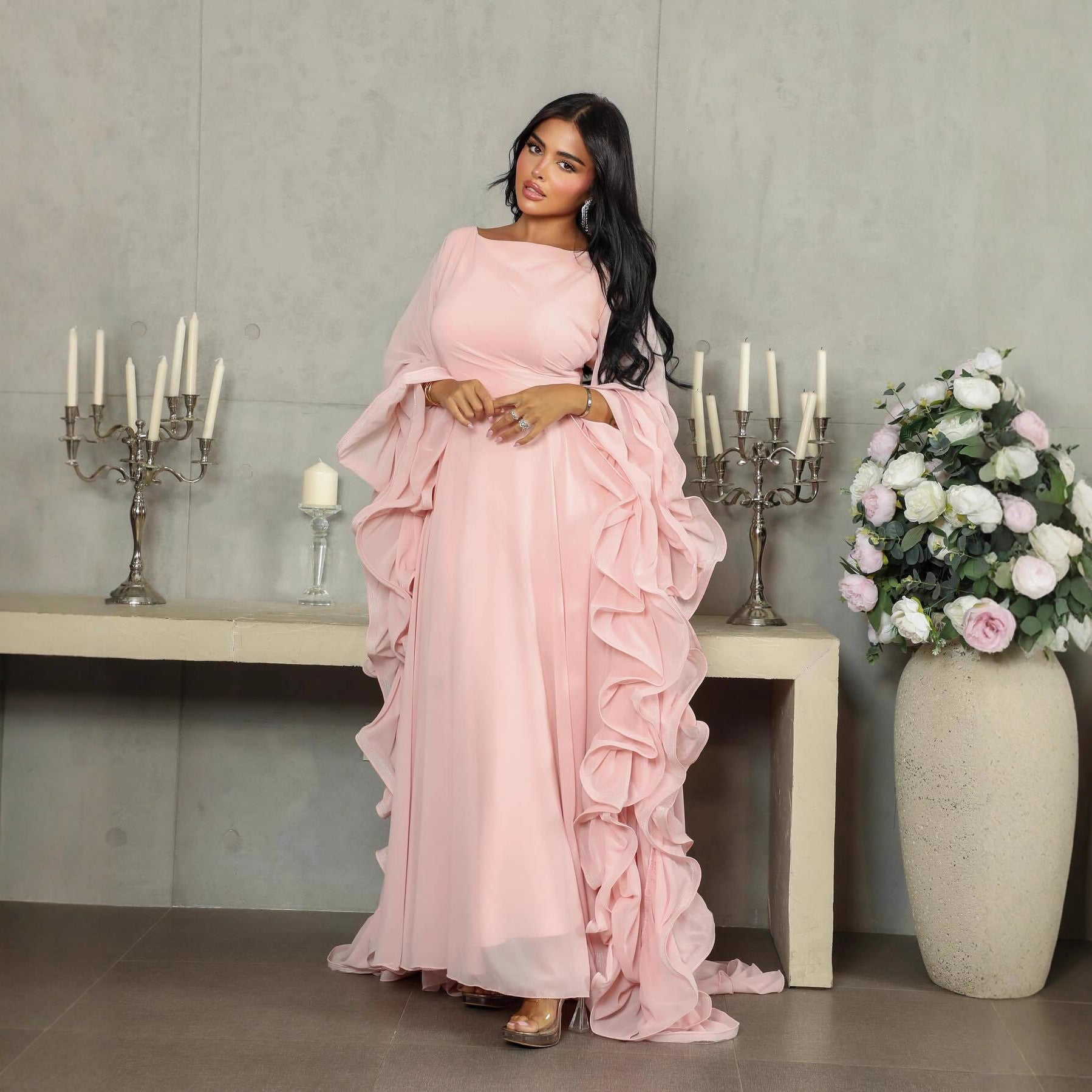 Pink Tulle Prom Gown - Long Sleeve A-Line Ball Dress