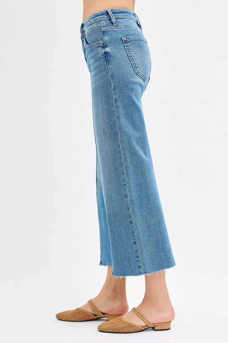 RISEN Crop Wide Leg Jeans - Tummy Control Mid Rise Front Slit - Fashions Envy