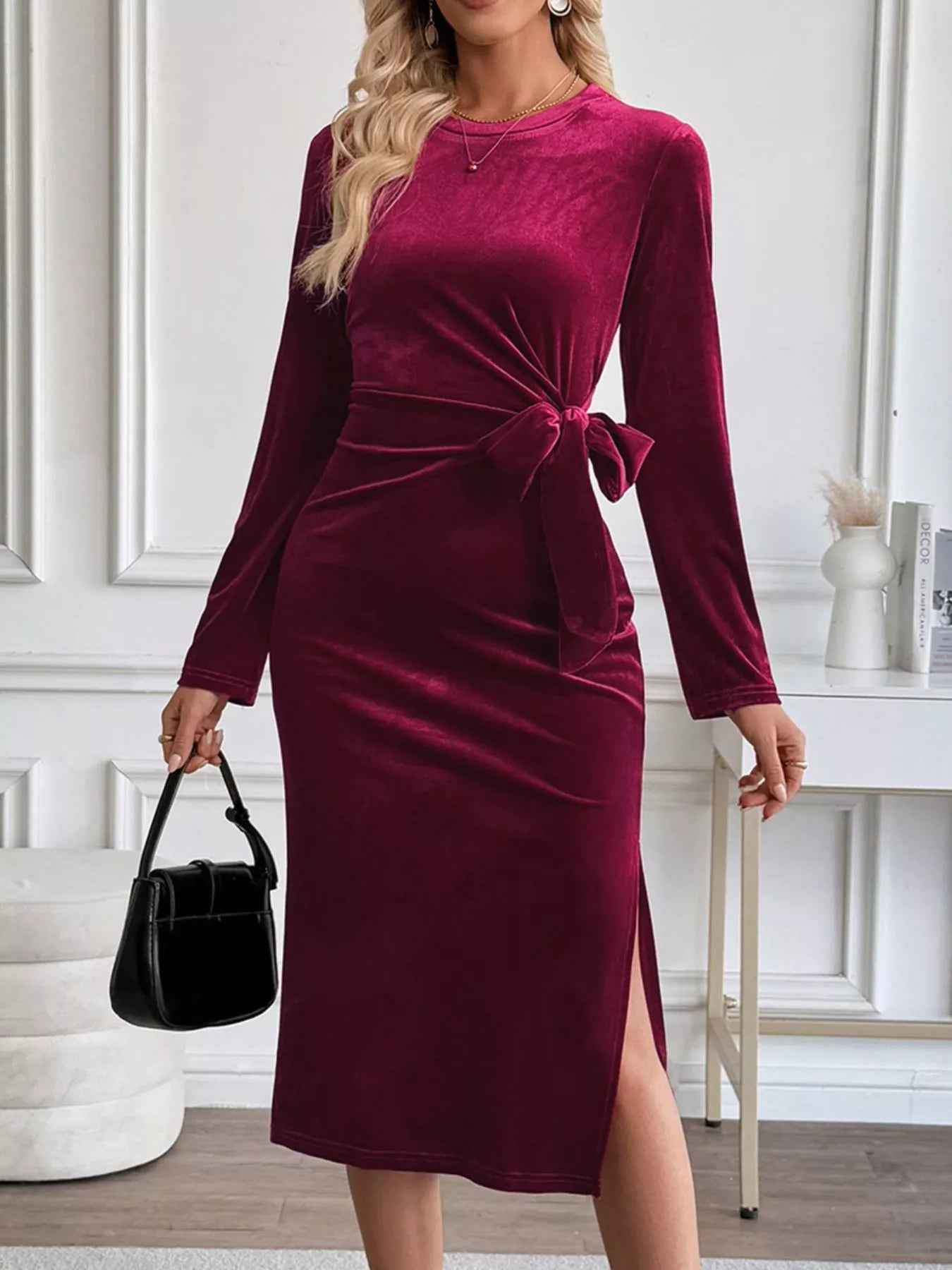 Velvet Midi Party Dress - Chic Side-Tie Style - Fashions Envy