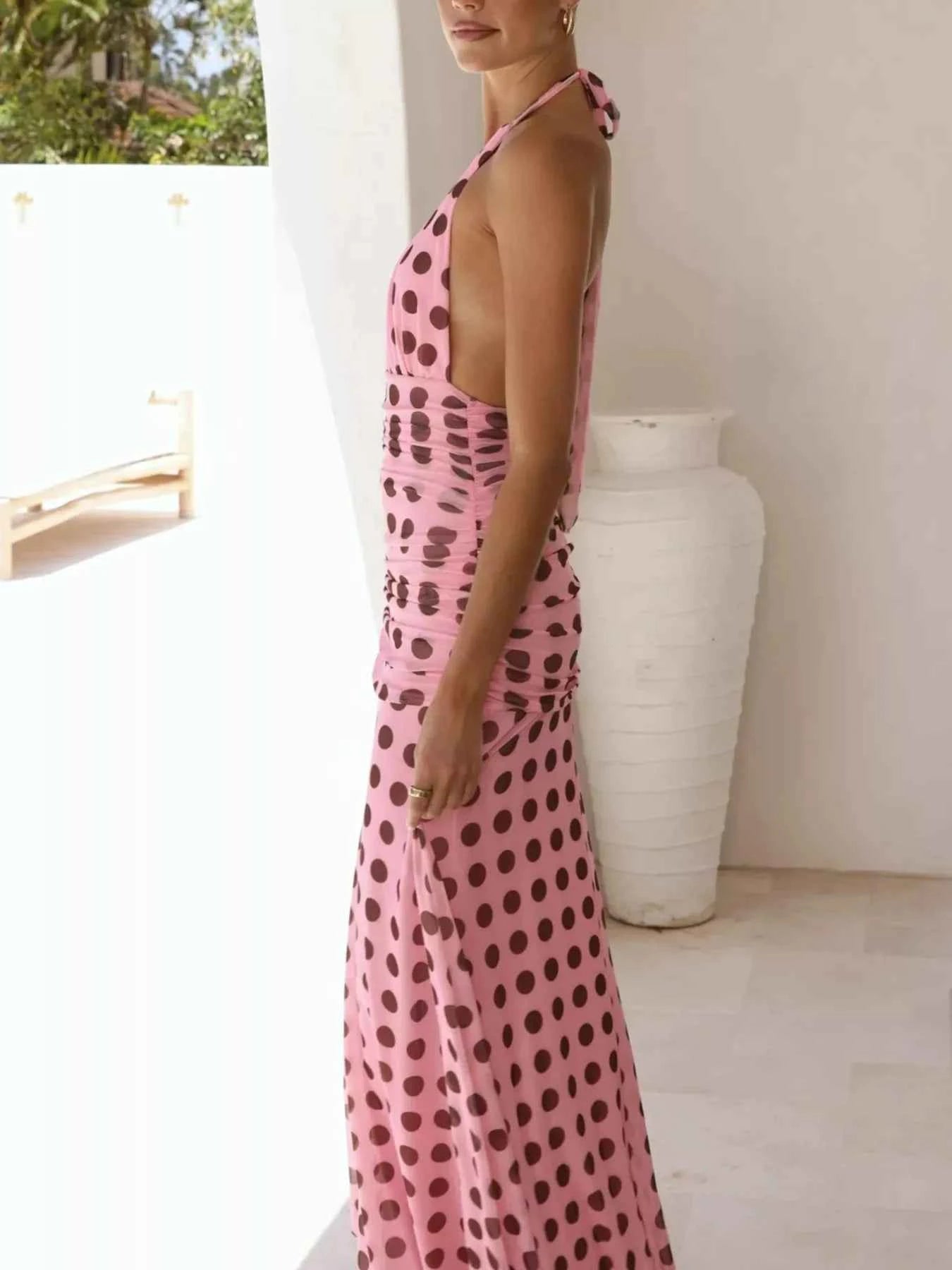 Polka Dot Halter Ruched Maxi Dress