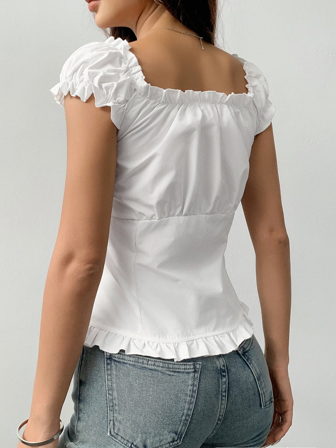 Off-Shoulder Ruffle Top - Button-Front Pleated Blouse
