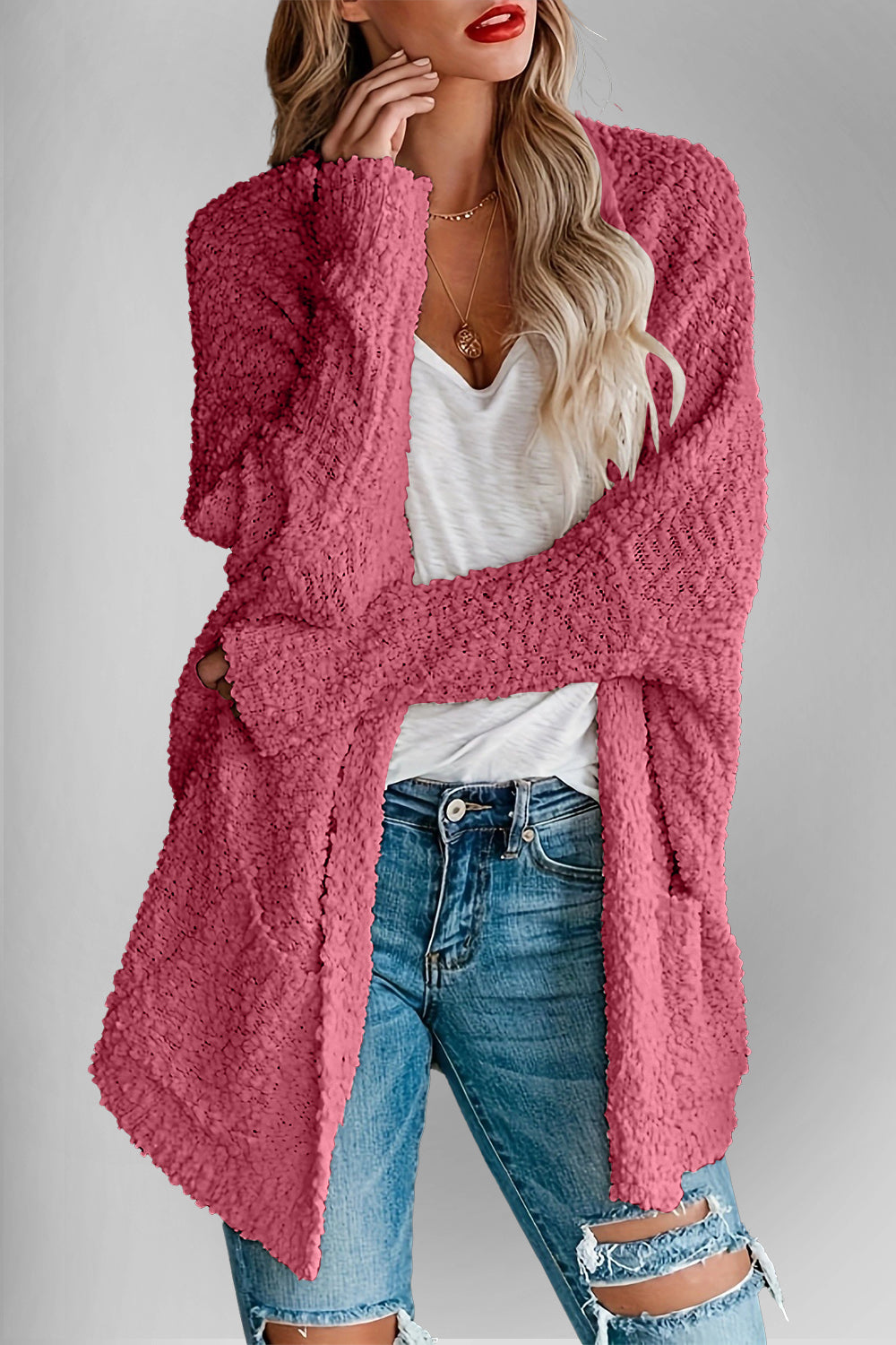 Double Take Pocketed Open Front Long Sleeve Cardigan - Fashions Envy