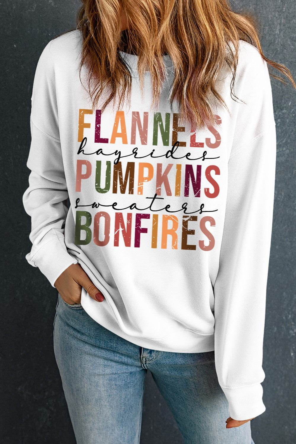 Letter Graphic Round Neck Long Sleeve Sweatshirt - Fashions Envy