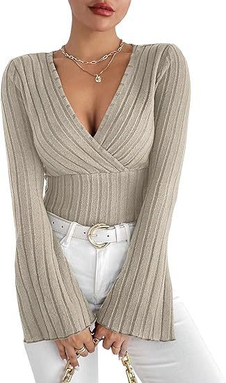Ribbed V-Neck Top - Flared Sleeve Elegant Fit
