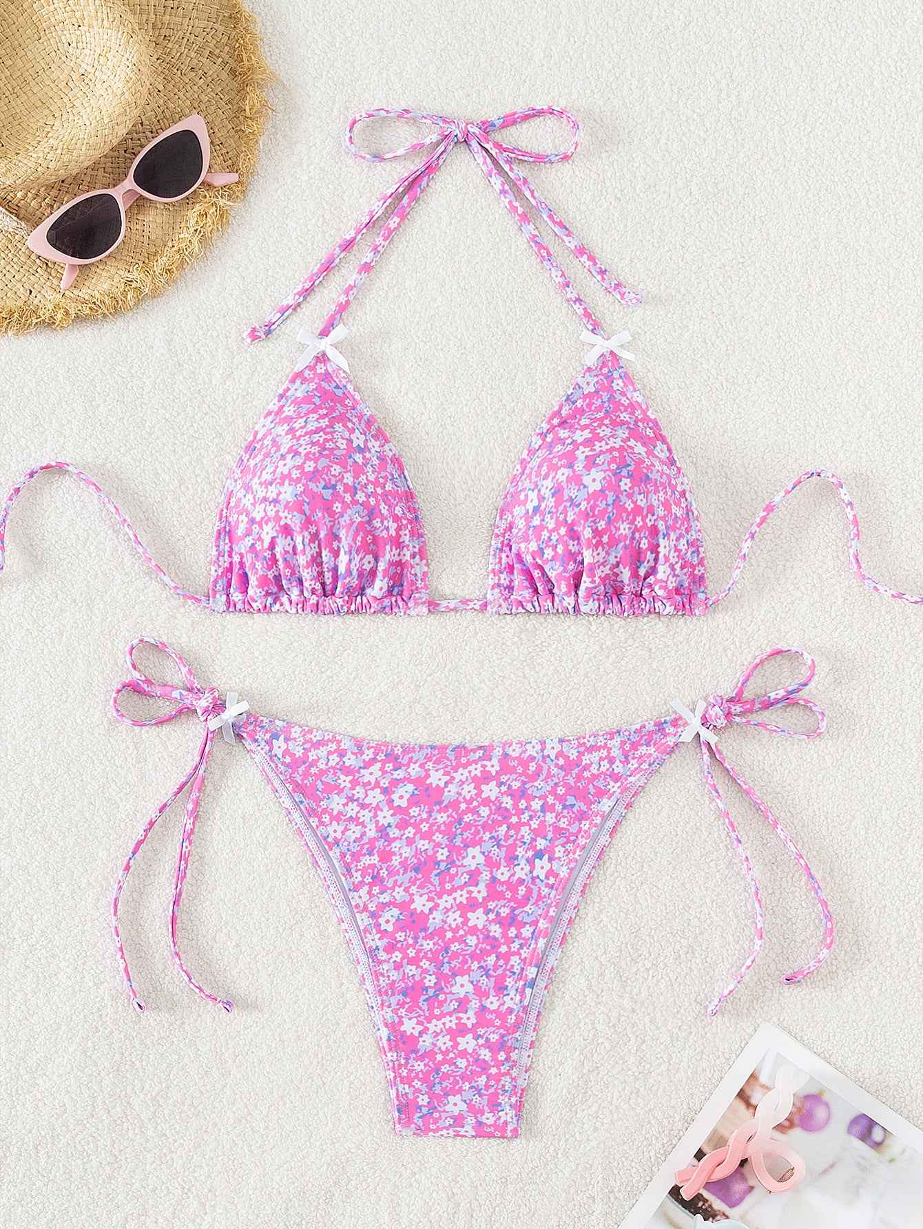 Floral Triangle Bikini - Lace Up Front Tie Bottoms Set