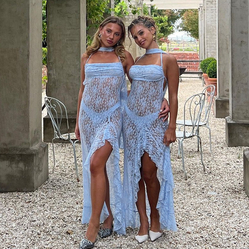 Lace Halter Maxi Dress - Sleeveless Style