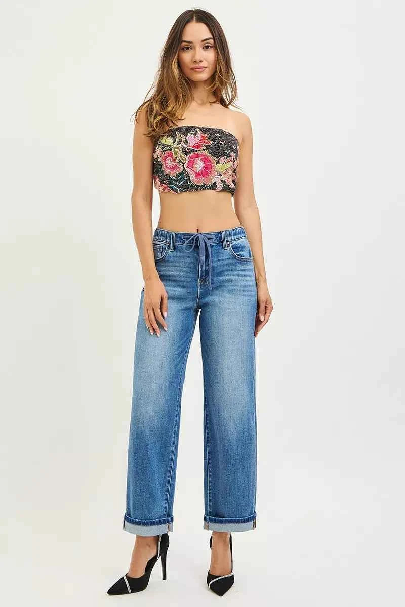 RISEN Slouchy Boyfriend Jeans - Elastic Waist Cuffed Ankle