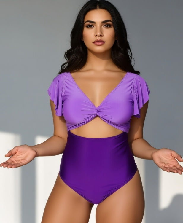 Ruffled One-Piece Swimsuit - Casual Purple Ruffle Trim