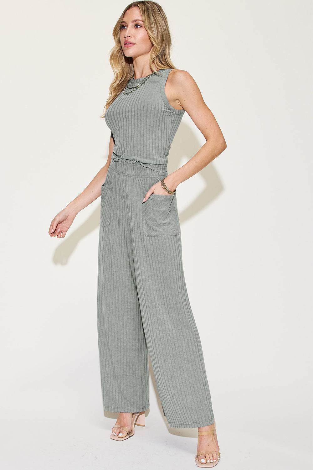 Basic Bae Full Size Ribbed Tank and Wide Leg Pants Set - Fashions Envy