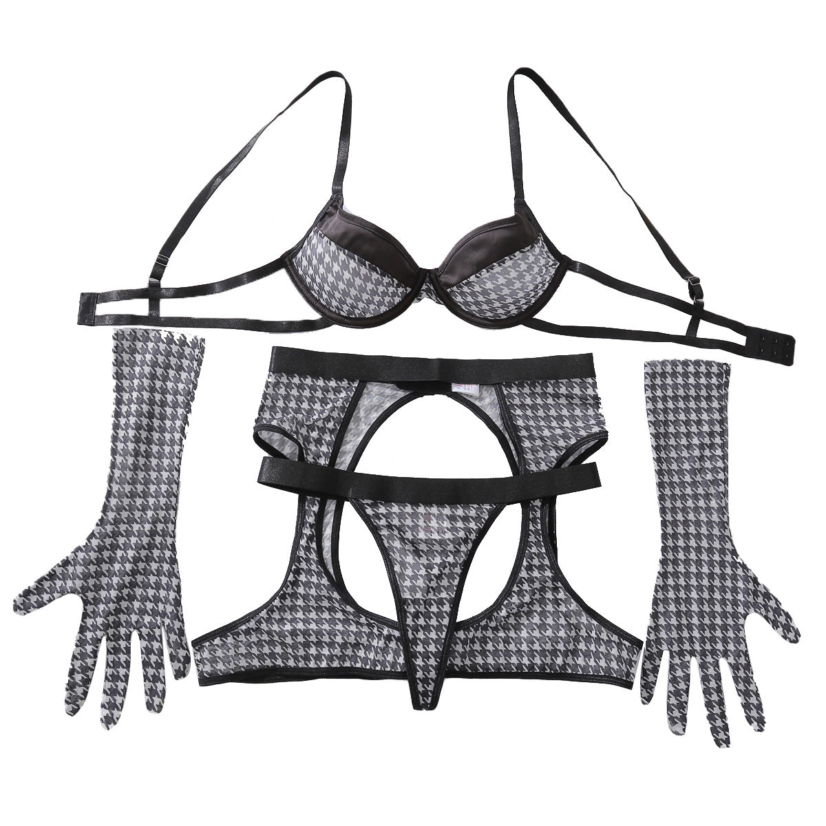 Black Lingerie Set - Four Piece Bra Garter Belt Stockings