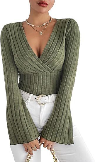Ribbed V-Neck Top - Flared Sleeve Elegant Fit