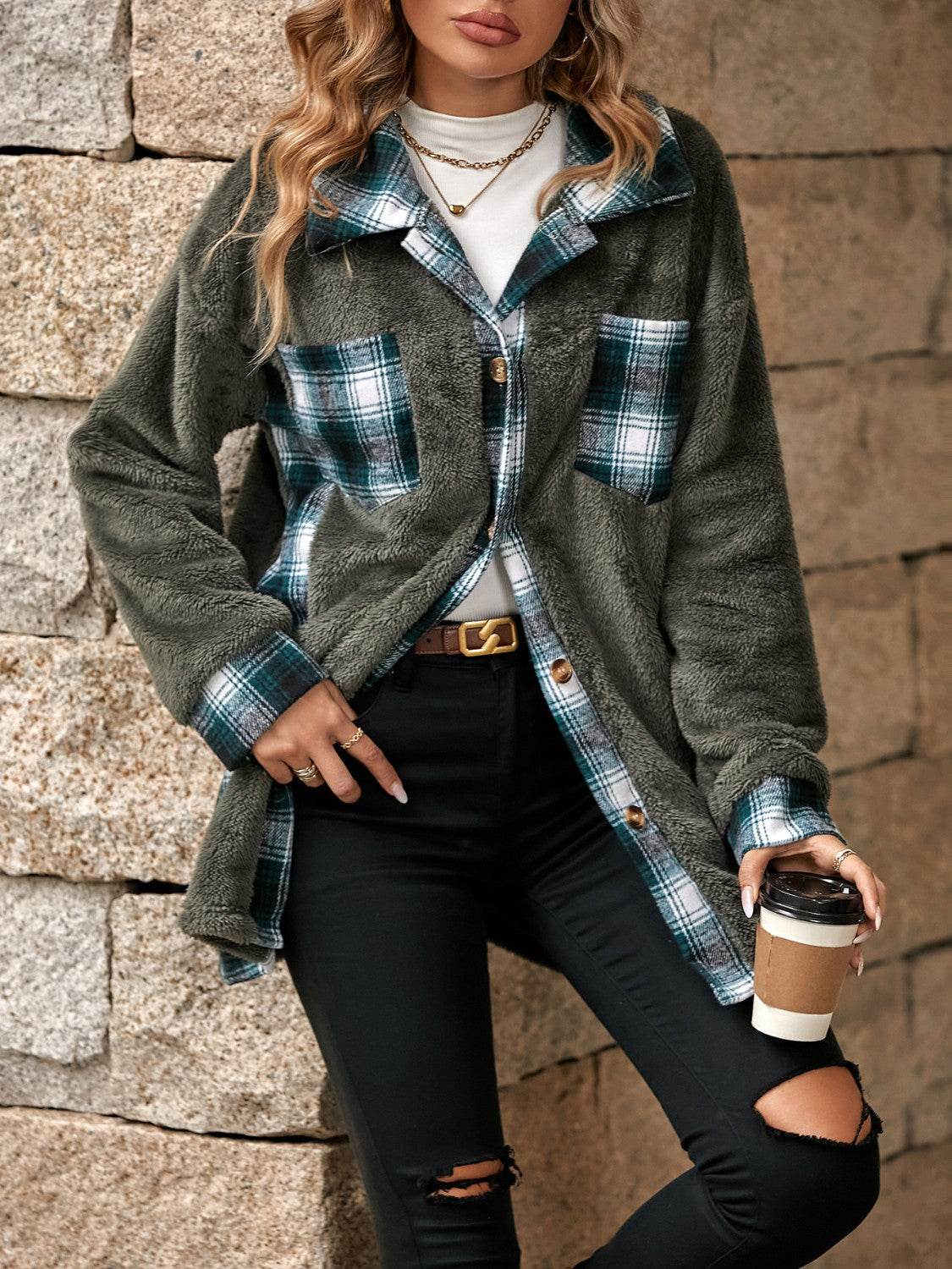 Plaid Contrast Dropped Shoulder Coat - Fashions Envy