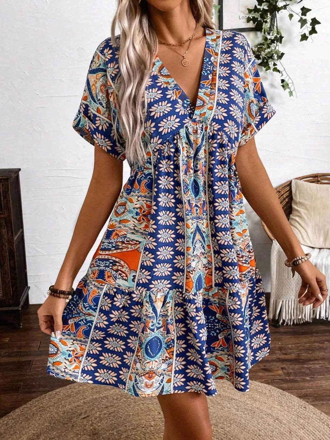 Printed V-Neck Short Sleeve Dress - Ruffled Detail Summer Dress - Fashions Envy