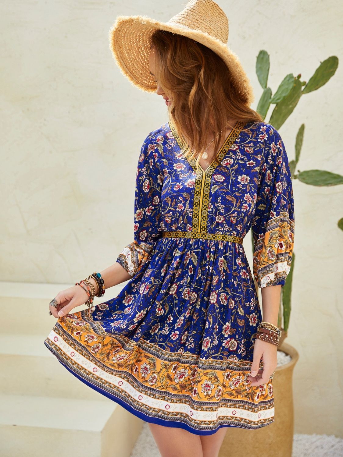 Indigo Blue Printed V-Neck Mini Dress