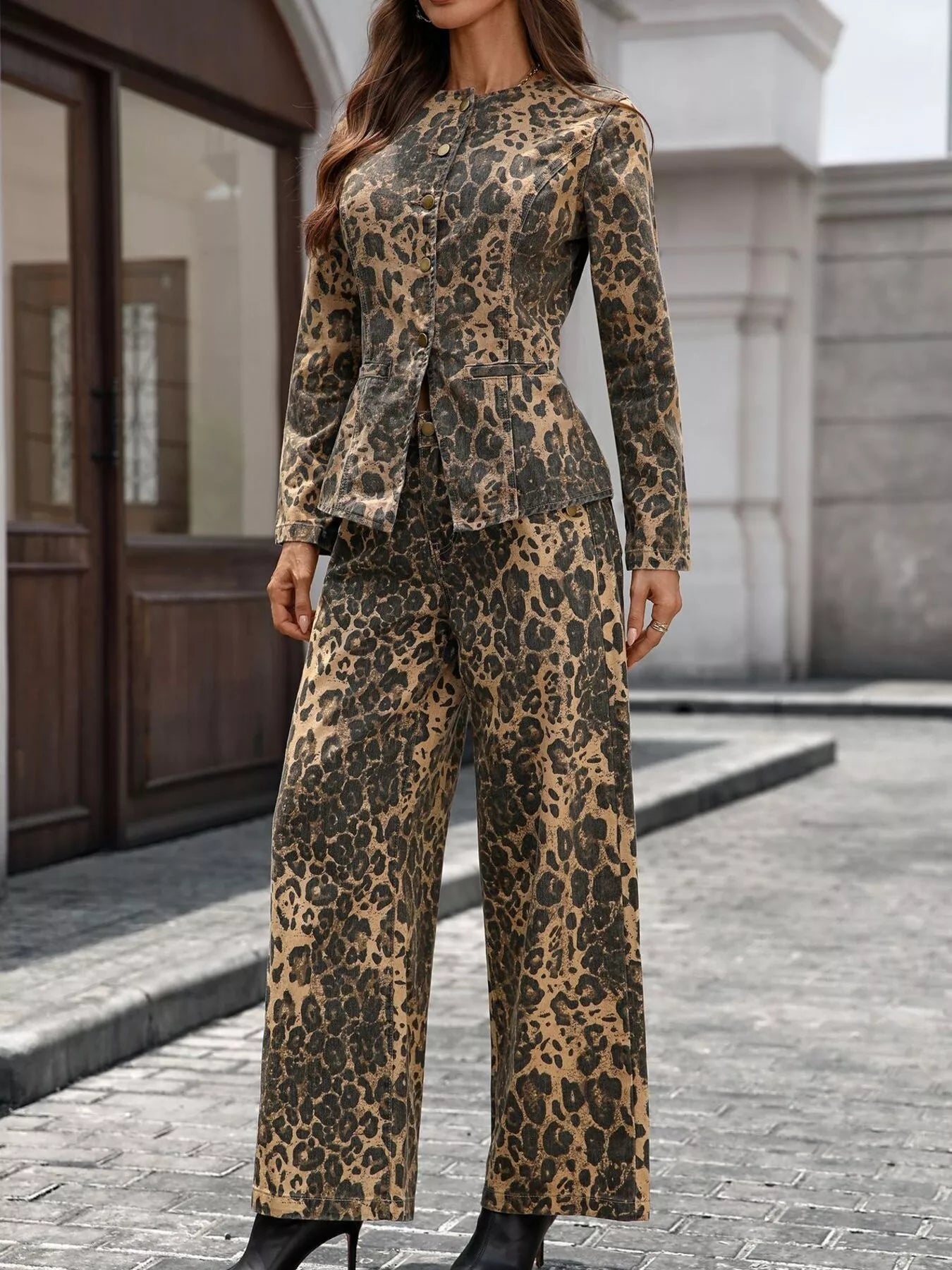 Button-Up Long Sleeve Denim Set - Top & Jeans Outfit - Fashions Envy