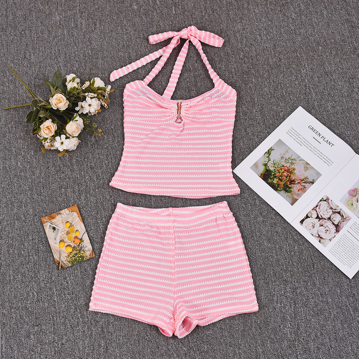 Halter Neck Mini Shorts Set - Decorative Crop Top Outfit