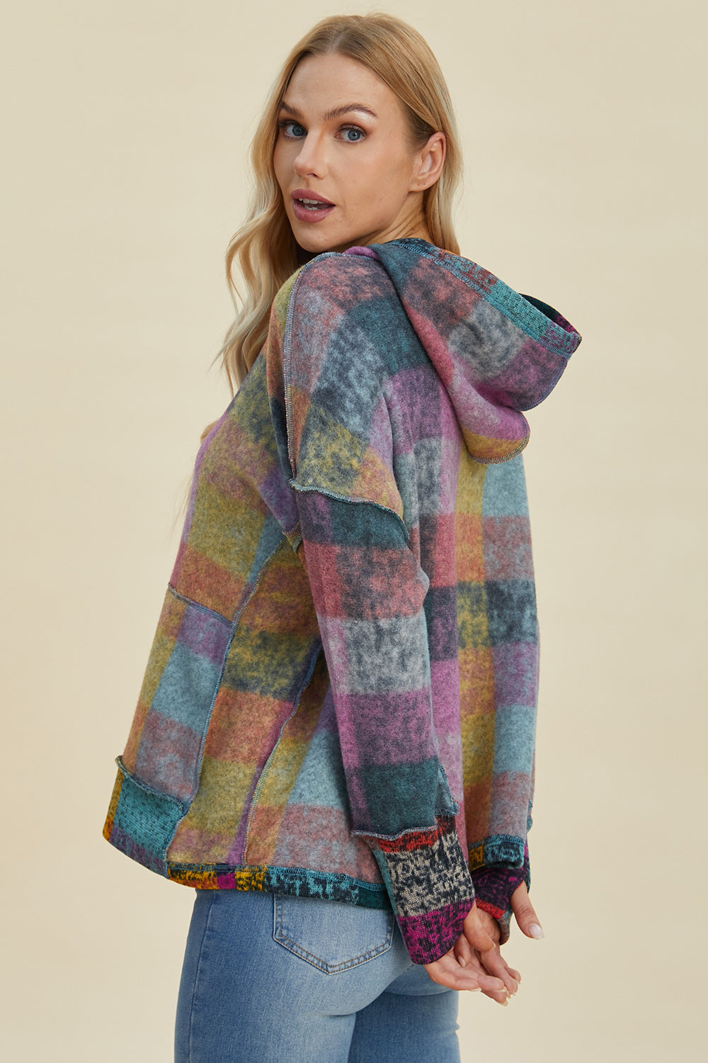 Double Take Full Size Plaid Dropped Shoulder Hoodie - Fashions Envy