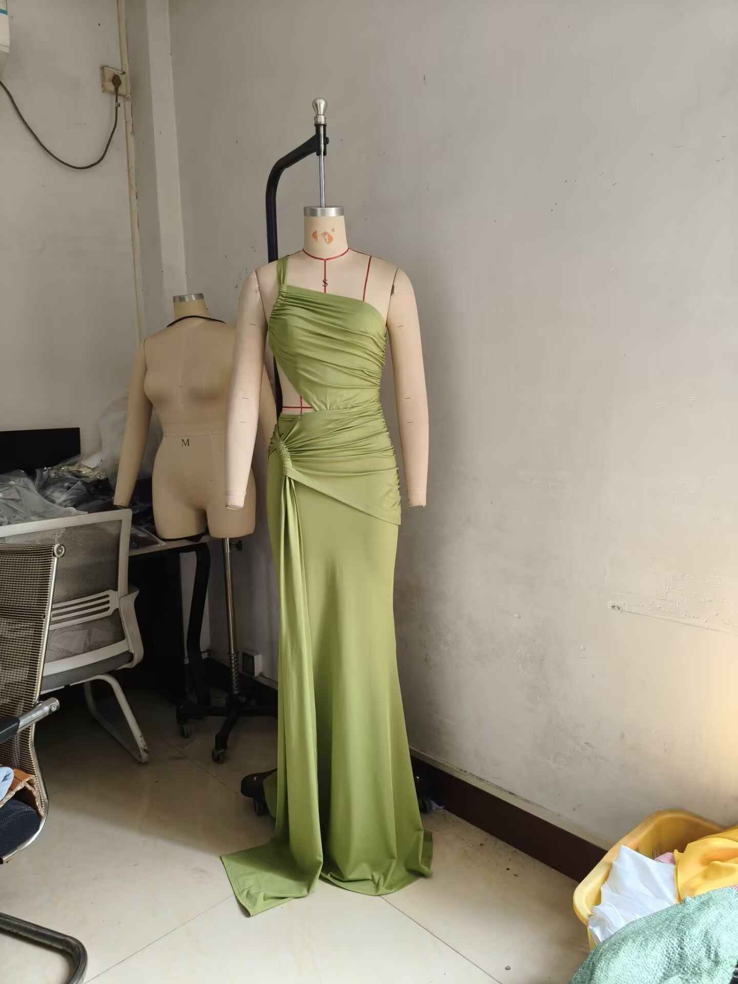 One Shoulder Cutout Maxi Dress - Pleated Bodycon Fit