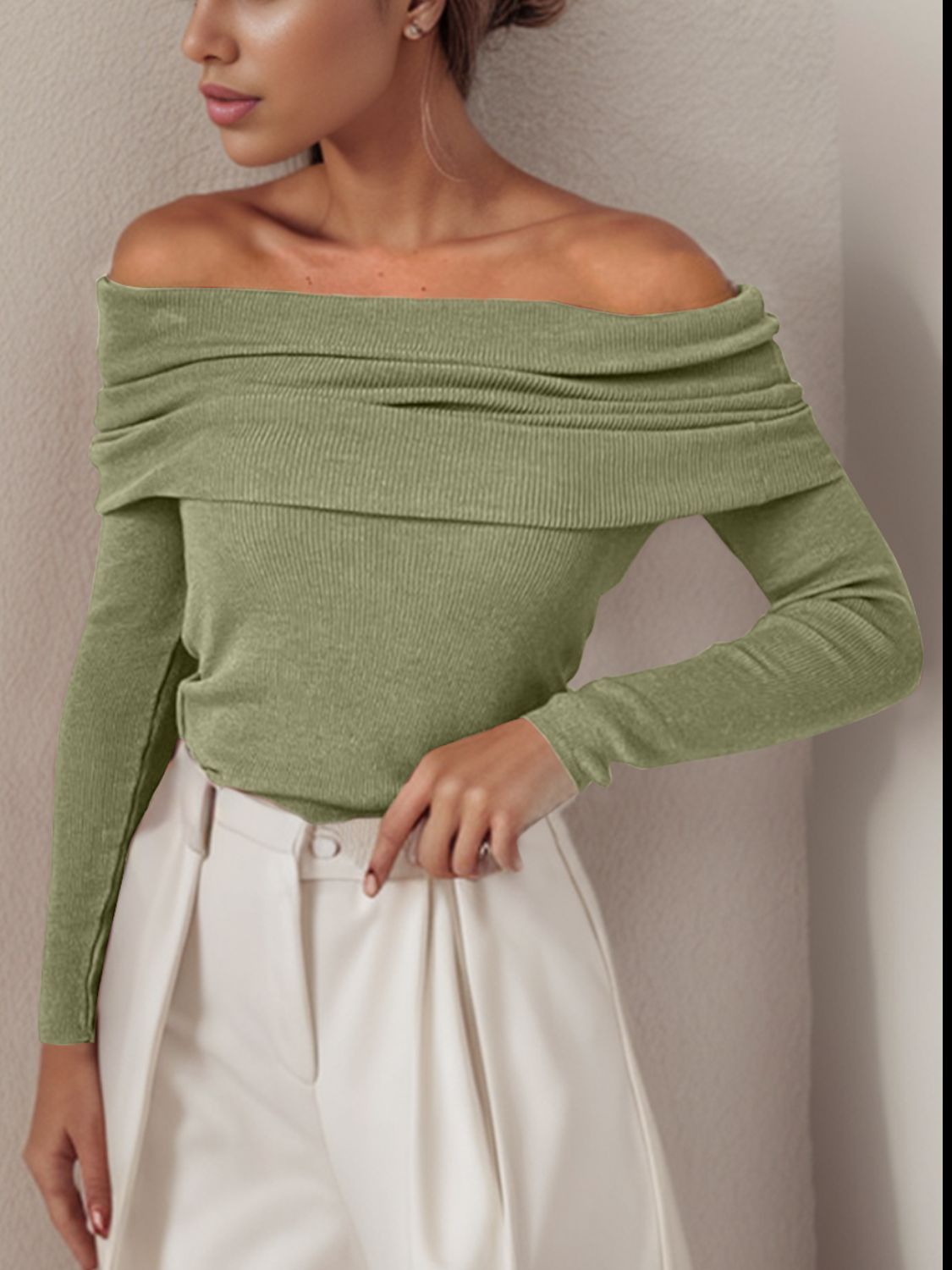 Off-Shoulder Sweater - Long Sleeve Knit Pullover