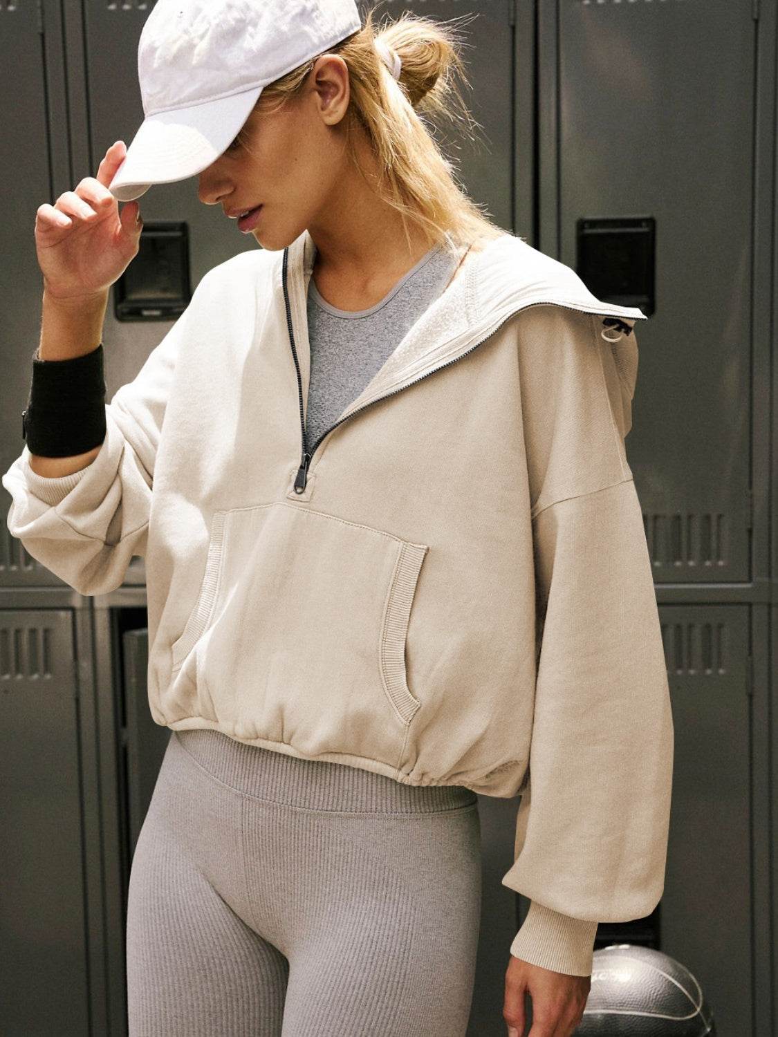 Half Zip Pocketed Dropped Shoulder Hoodie - Fashions Envy