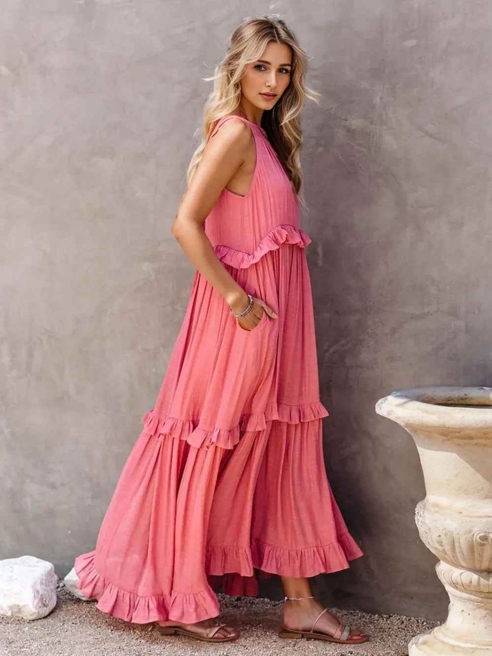 Smocked Tiered Ruffle Maxi Dress - Sleeveless with Pockets