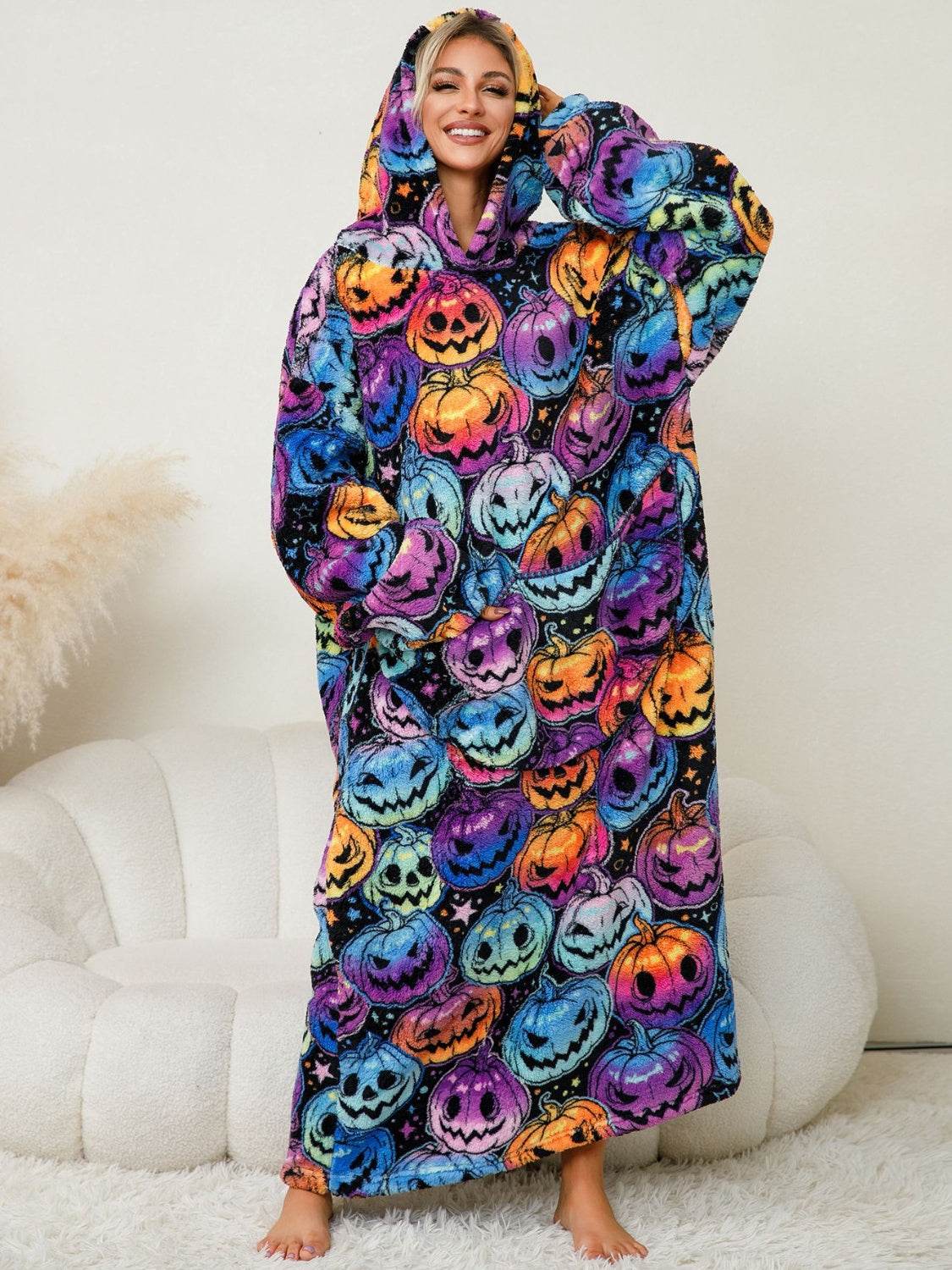 Fuzzy Pocketed Long Sleeve Hooded Lounge Dress - Fashions Envy