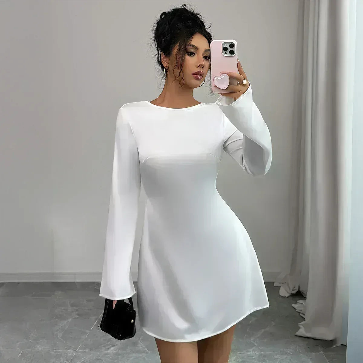 Backless Mini Dress - Flared Long Sleeve Party Dress - Fashions Envy