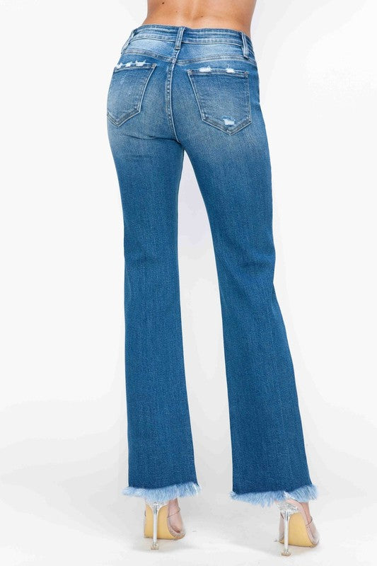 Full Size Raw Hem Distressed Mid Rise Straight Medium Blue Jeans