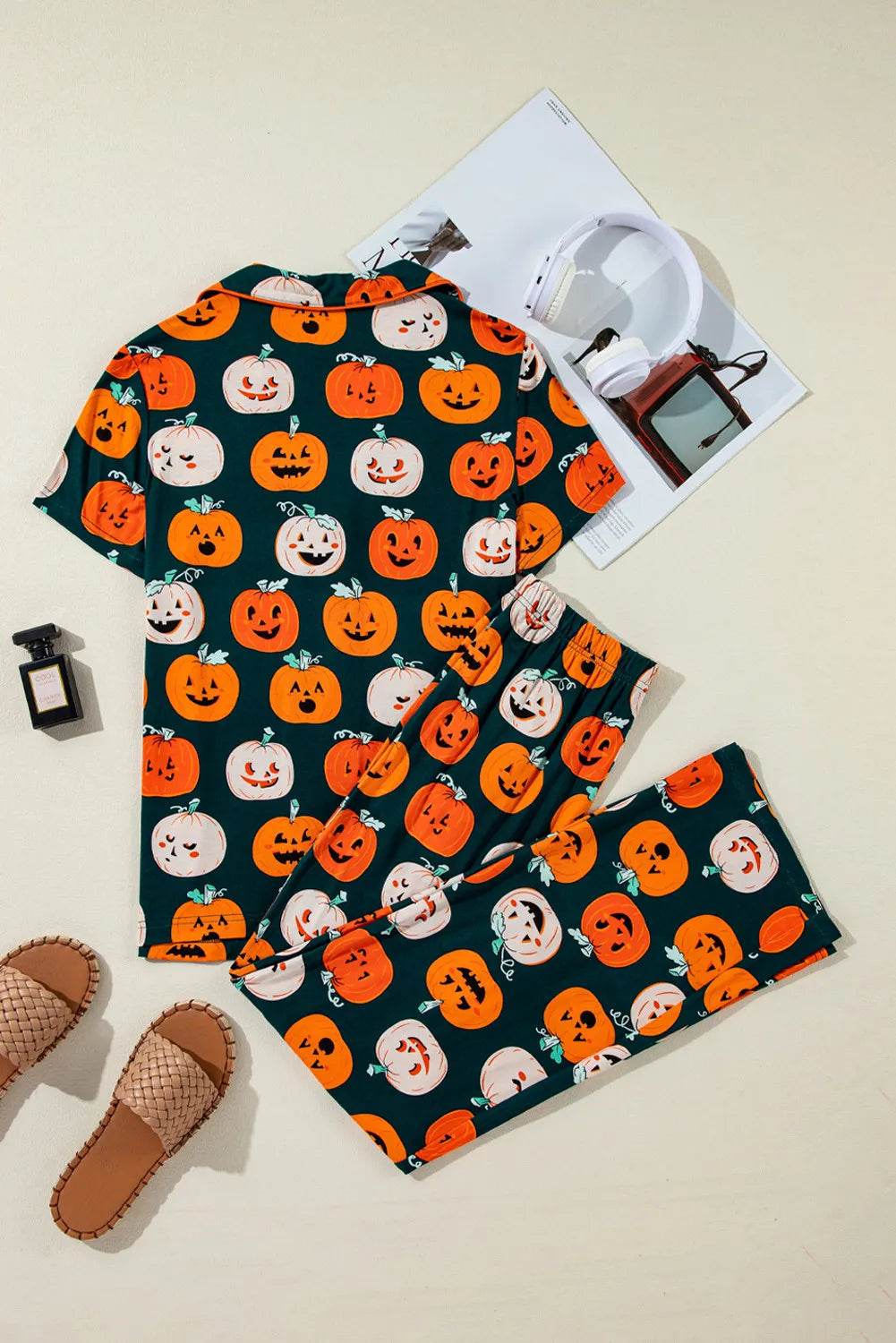 Pumpkin Printed Short Sleeve Top and Pants Lounge Set - Fashions Envy