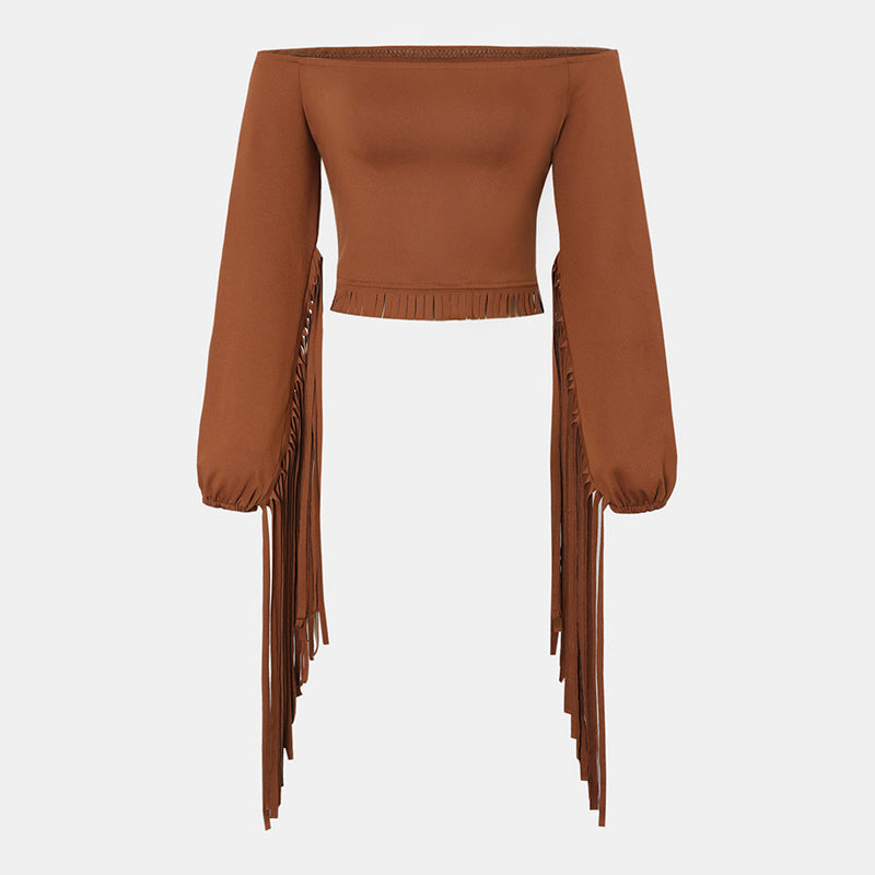 Women's Western Cowgirl Off-Shoulder Fringe Top - Slim Fitted Tassel Blouse