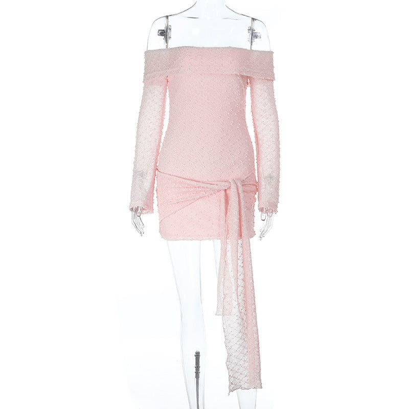 Off-Shoulder Mini Dress - Pink Lace Long Sleeve - Fashions Envy