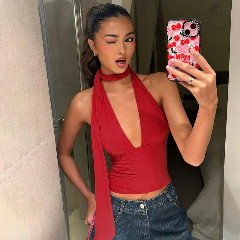 Deep V-neck Y2K Wrap Summer Halter Sleeveless Top