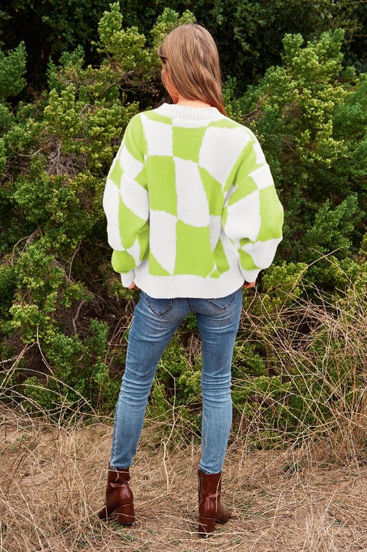 Oversized Multi Geo Checker Pullover Knit Sweater