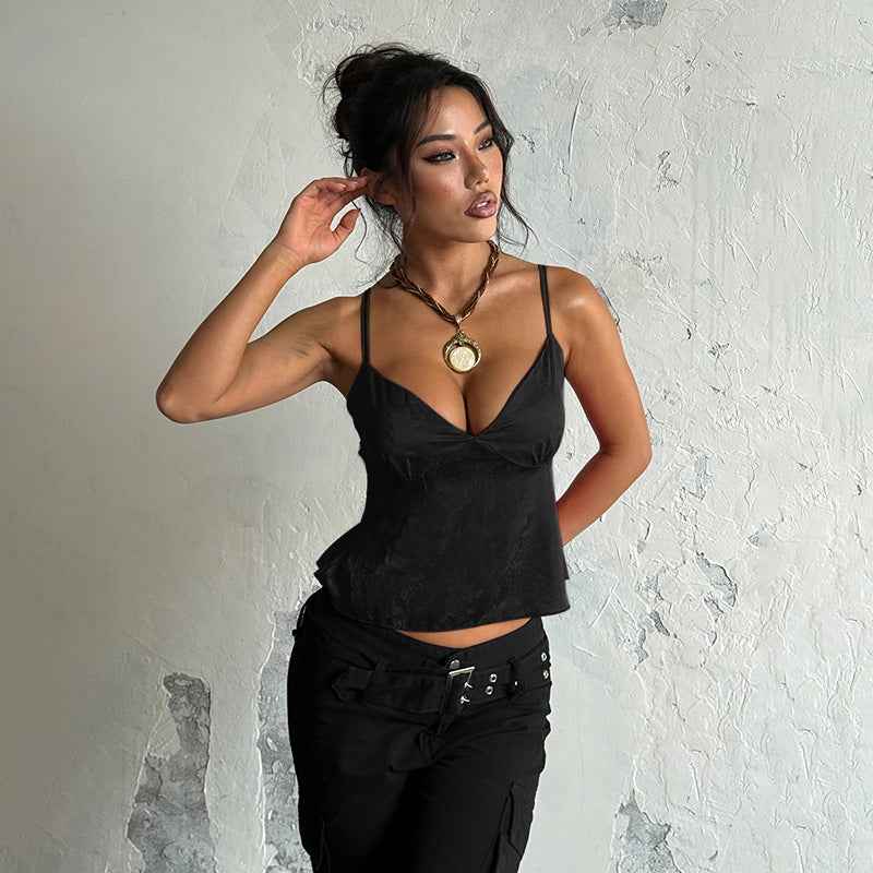 Satin Jacquard Slip Cami Top - V-Neck Loose Fit