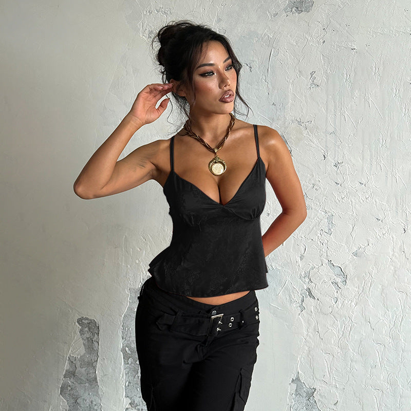 Satin Jacquard Slip Cami Top - V-Neck Loose Fit