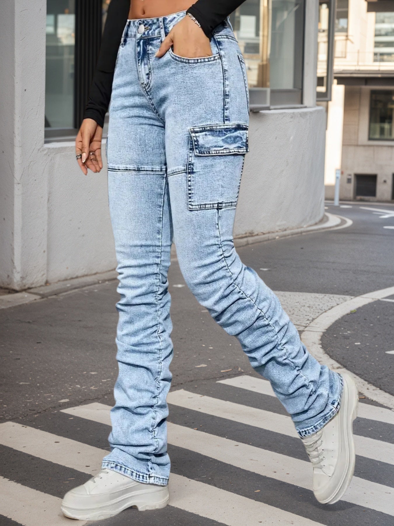 High Waisted Elastic Jeans - Side Pocket Street Style - Fashions Envy
