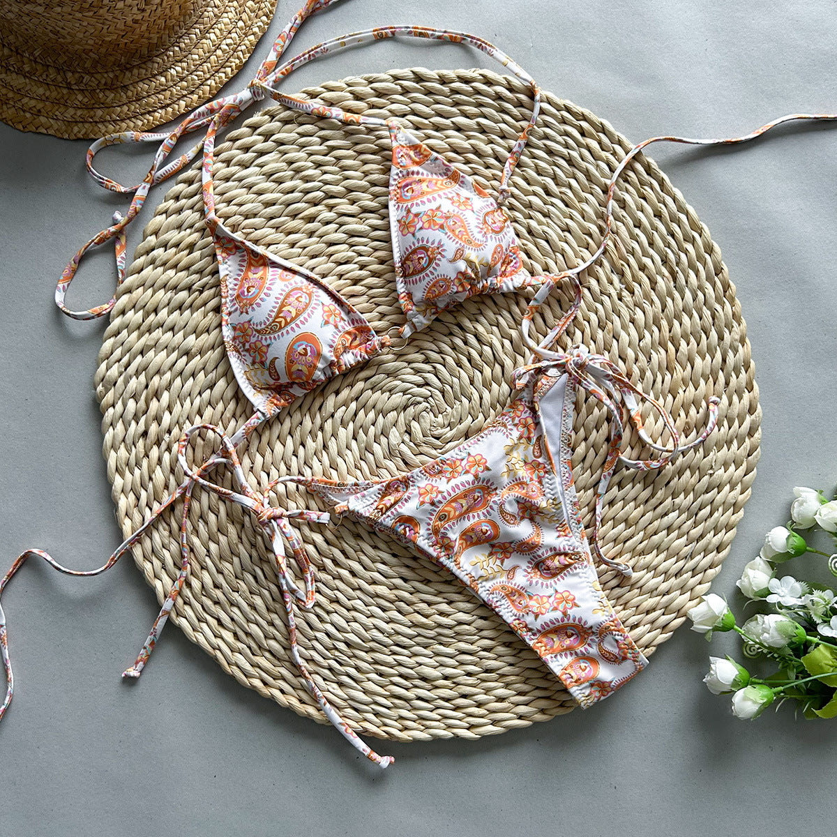 Printed Strap Triangle Bikini Set - Tie Top Chic Beach