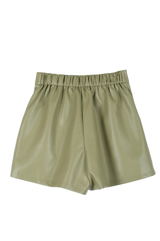 Pintuck Vegan Wide Elastic Band Leather Mini Shorts