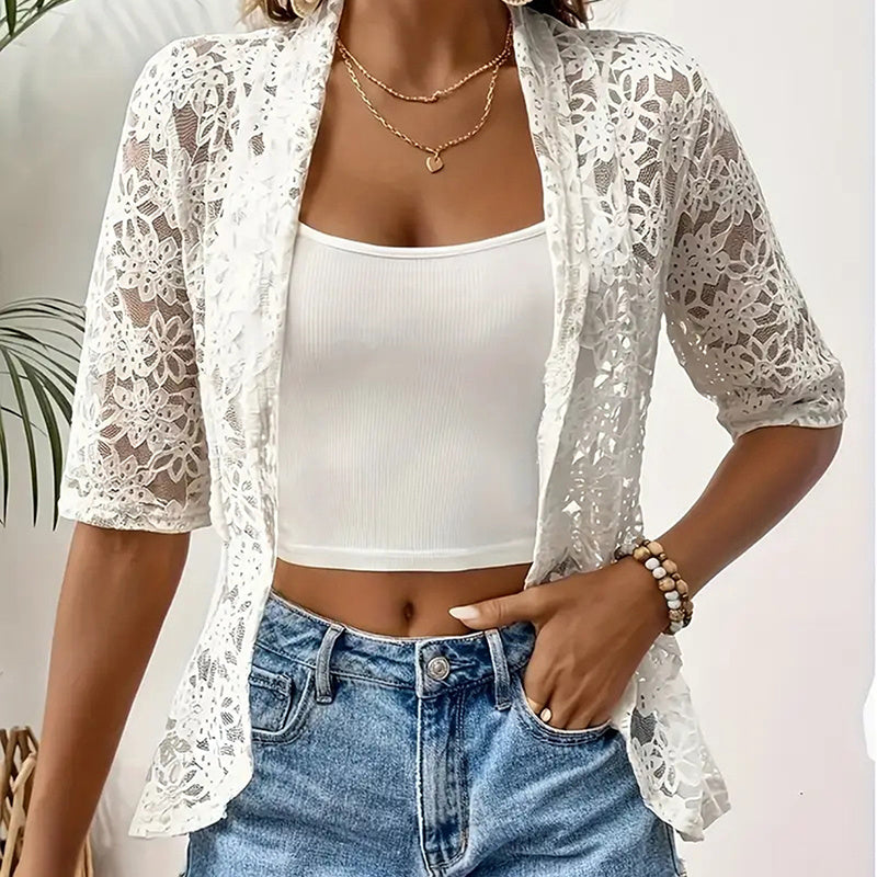 Women's Floral Lace 3/4 Sleeve Bolero Shrug - Sheer Open Front Cardigan