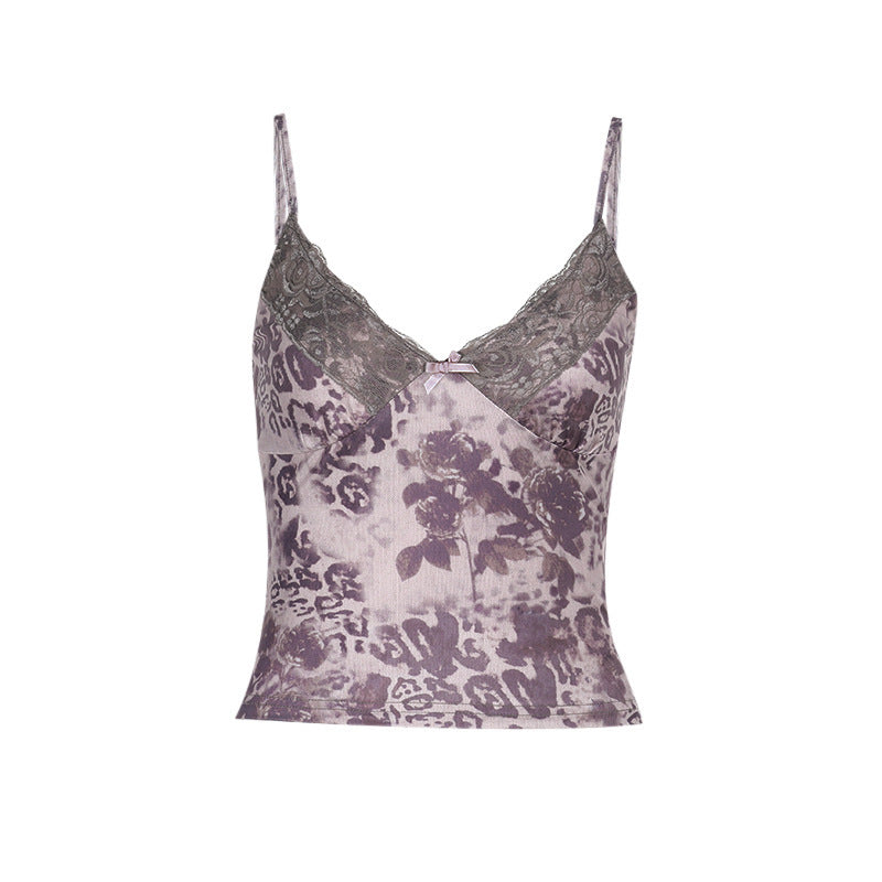 Leopard Print Camisole - Lace Trim Spaghetti Strap