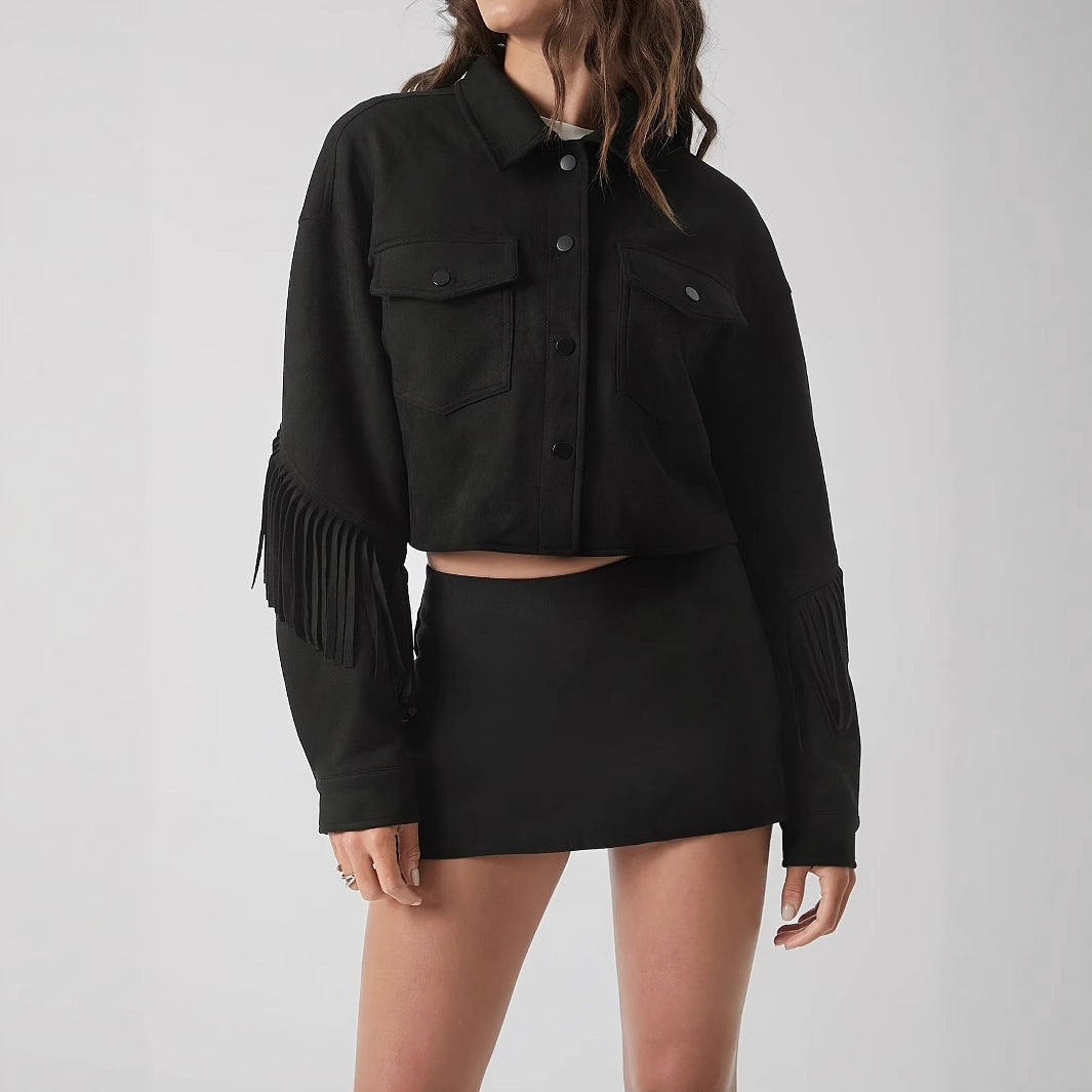 Women's Black Long Sleeve Fringe Jacket - Casual Elegant Coat
