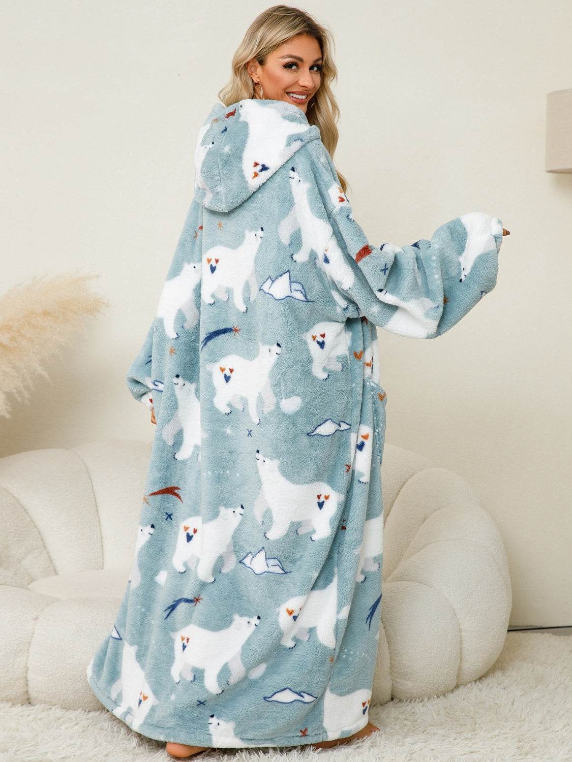 Fuzzy Pocketed Long Sleeve Hooded Lounge Dress - Fashions Envy
